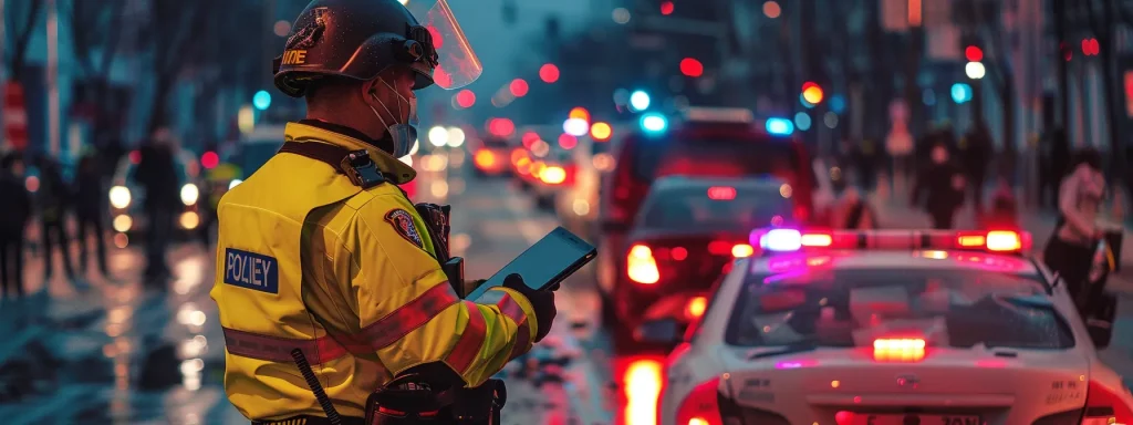 a police officer meticulously examines a traffic accident scene at dusk, highlighting the crucial role of accurate documentation and evidence collection in establishing liability.