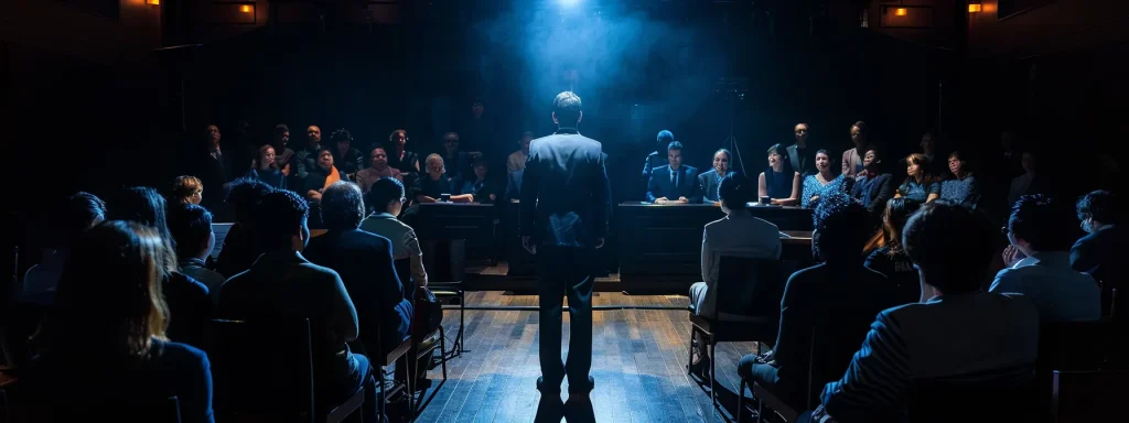 a powerful courtroom scene captures a lawyer presenting compelling evidence to a jury, illuminated by dramatic lighting that emphasizes the gravity of justice in a drunk driving accident case.