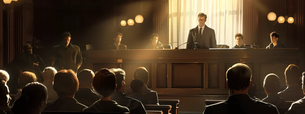 a powerful courtroom scene captures a determined attorney passionately presenting a compelling case during a rear-end collision trial, with a backdrop of engaged jurors and an imposing judge under dramatic lighting.