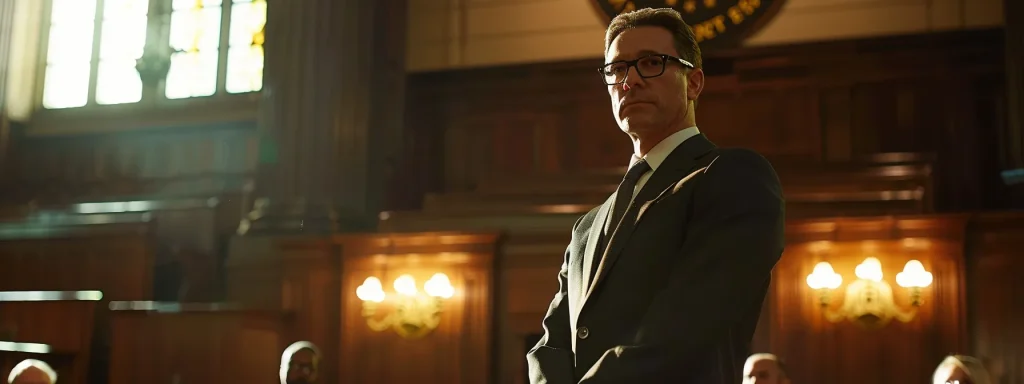 a powerful courtroom scene captures a confident attorney standing before a judge, with emotional client testimonials displayed prominently in the background, symbolizing trust and the impactful success of personal injury cases.