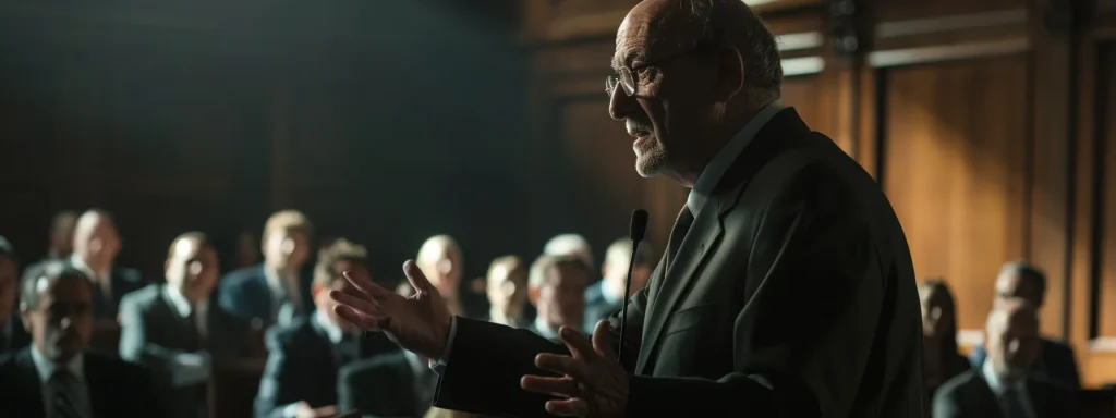 a powerful courtroom scene captures a focused attorney presenting compelling evidence, highlighting the critical impact of legal advice for auto accident victims, with dramatic lighting emphasizing the urgency of justice.