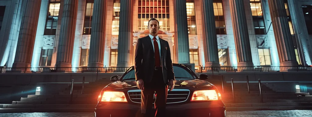a powerful illustration of a confident car accident lawyer standing in front of a courthouse, surrounded by symbolic representations of common misconceptions, with dramatic lighting emphasizing clarity and understanding amidst a backdrop of tension.