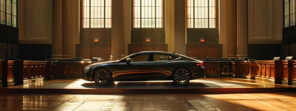 a powerful image captures a sleek, modern car prominently displayed against a backdrop of a courtroom, symbolizing the crucial intersection of vehicle safety, defect awareness, and consumer rights in the face of legal challenges.