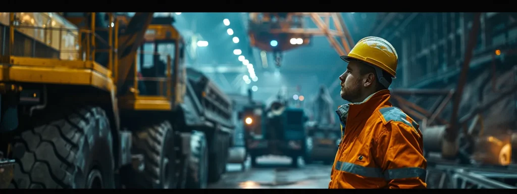 a powerful image captures a worker standing apprehensively next to a towering industrial machine, illuminated by harsh overhead lights that accentuate the unsafe environment, symbolizing the critical theme of negligence in workplace safety.