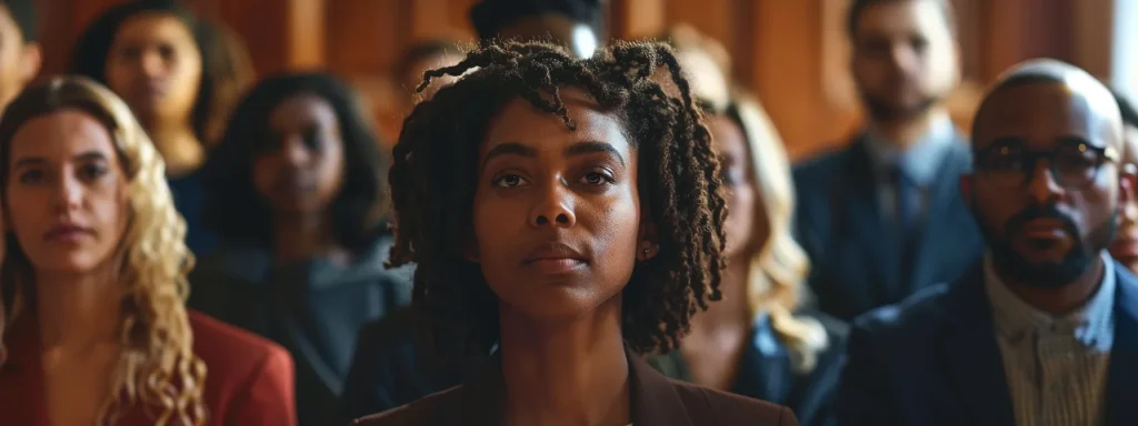 a powerful image captures a diverse group of resilient individuals standing together in solidarity, their expressions reflecting hope and determination, against a backdrop of a courtroom, symbolizing the journey of overcoming challenges in the pursuit of justice after drunk driving accidents.