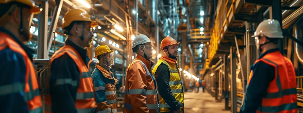 a powerful image of a diverse group of machine operators clad in vibrant, high-visibility protective gear confidently working in a well-lit industrial environment, showcasing the essential safety measures mandated by regulatory standards.