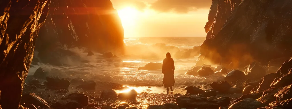 a powerful image of a determined individual standing confidently on a sunlit shoreline, gazing towards the horizon as waves crash against the rocks, symbolizing hope and resilience in the pursuit of justice and a brighter future.