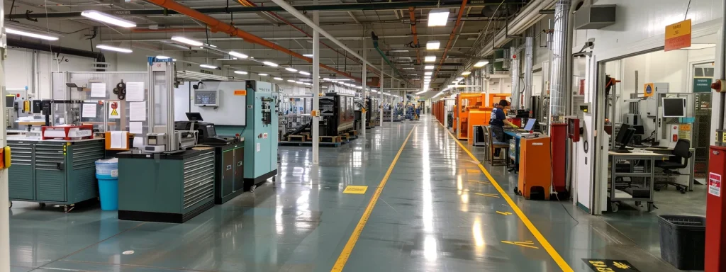 a powerful industrial scene captures a brightly lit factory floor where well-trained workers expertly operate advanced machinery, surrounded by clear signage emphasizing safety regulations and machine guarding practices.