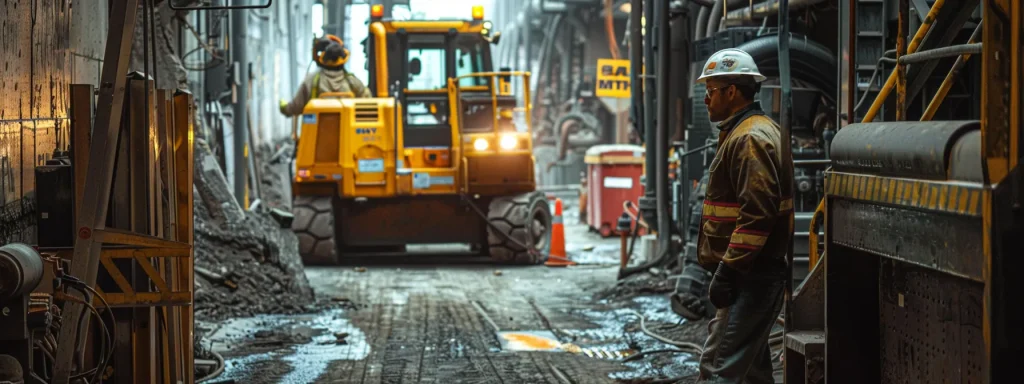 a powerful industrial scene captures a worker standing beside heavy machinery, surrounded by warning signs and safety equipment, highlighting the stark contrast between the potential for injury and the importance of workplace safety.