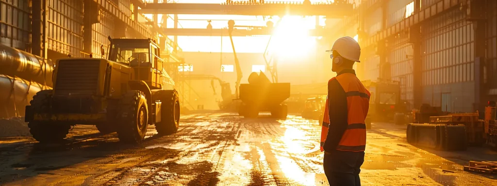 a powerful industrial setting showcases a robust heavy machinery operator diligently inspecting equipment in a sunlit workshop, emphasizing the crucial balance between safety and operational efficiency.