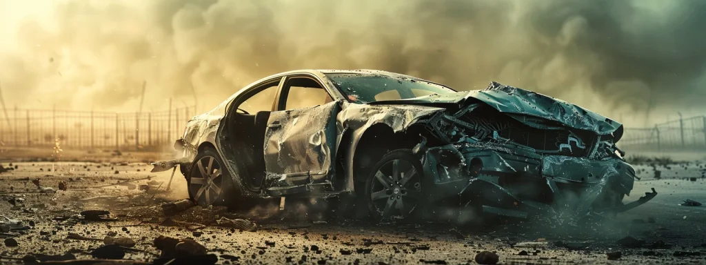 a powerful portrayal of a fractured automobile, starkly illuminated by harsh daylight, surrounded by a haze of uncertainty, symbolizing the profound and lasting impact of injury on lives and the complexities of auto accident outcomes.