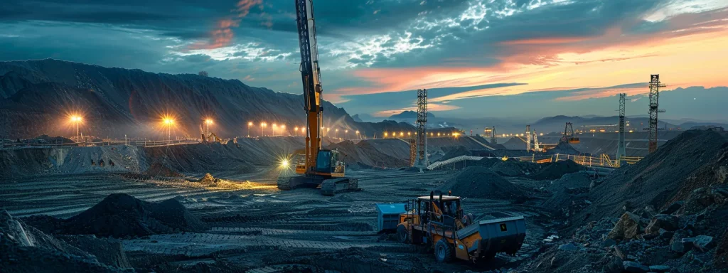 a powerful visual captures a construction site at dusk, showcasing towering heavy equipment and workers in high-visibility gear as they navigate the potential hazards of bucket machinery, illuminated by the warm glow of safety lights that emphasize the critical need for awareness and protection in the industry.