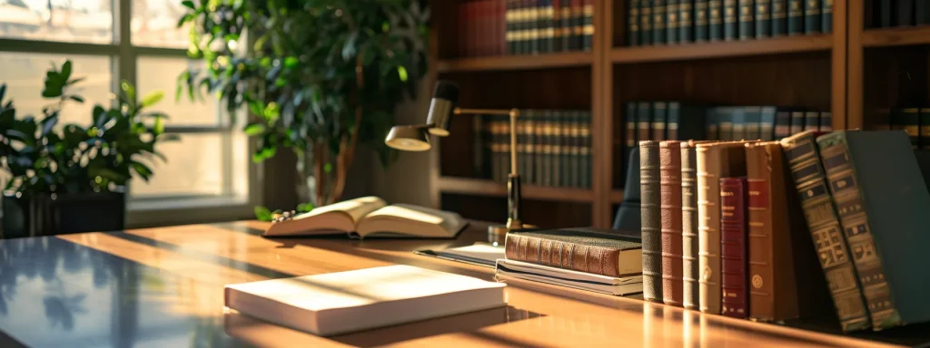 a professional attorney's office, warmly lit and inviting, showcases an engaged consultation between a client and a lawyer, with legal books in the background emphasizing the serious yet supportive atmosphere of discussing car accident cases.