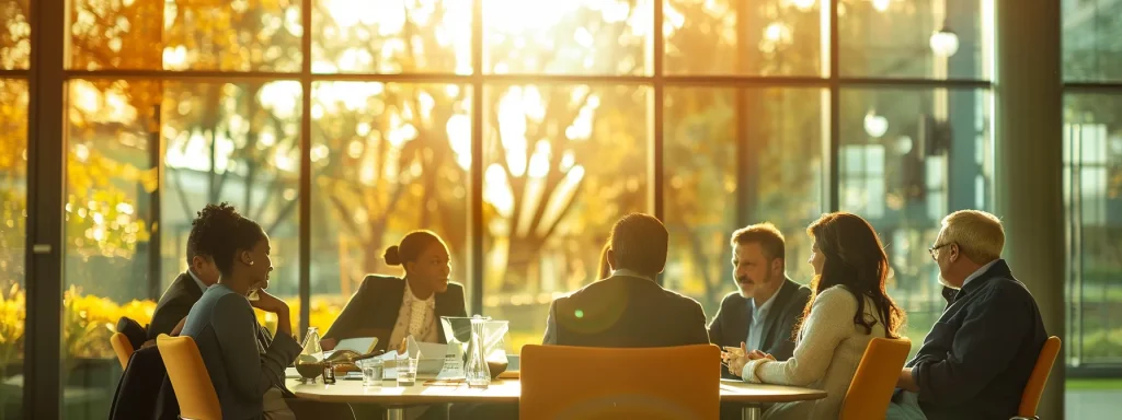 Group of financial advisors consulting around a table, discussing strategies for estimating future expenses after workplace injuries, with warm sunlight filtering through large windows.