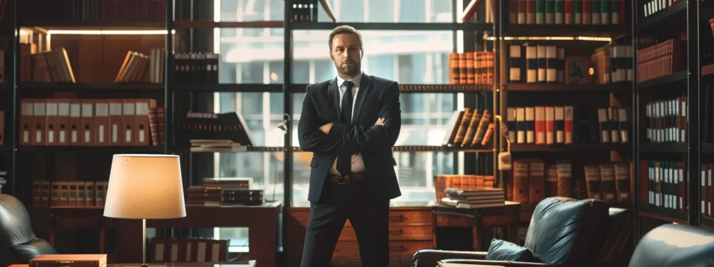 a professional crash attorney stands confidently in a sleek, modern law office, surrounded by stacks of legal books and documents, symbolizing their specialized knowledge and readiness to navigate the complexities of accident laws and personal injury lawsuits.