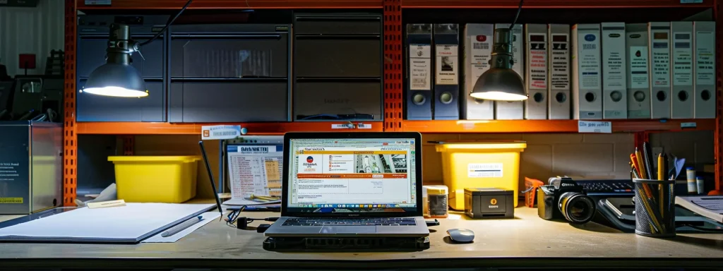 a professional workspace is illuminated by soft natural light, featuring an open laptop displaying the osha website alongside safety pamphlets, symbolizing the importance of workplace safety and compliance.