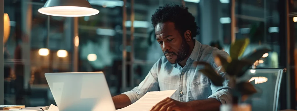 a radiant office setting features an individual engrossed in reviewing an auto insurance policy, surrounded by neatly arranged documents and a glowing laptop, reflecting the importance of understanding coverage and making informed decisions.