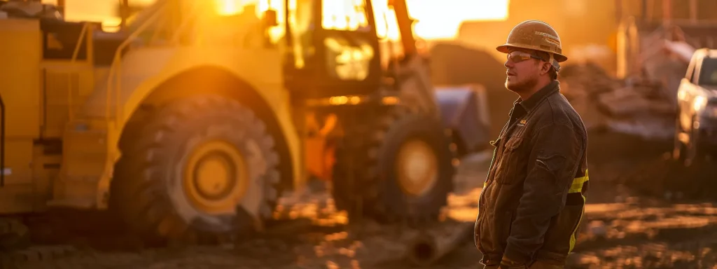 a resilient injured worker stands determined amidst a backdrop of heavy machinery, symbolizing the journey through recovery and the pursuit of financial stability in the face of adversity, illuminated by soft morning light that casts a hopeful glow.
