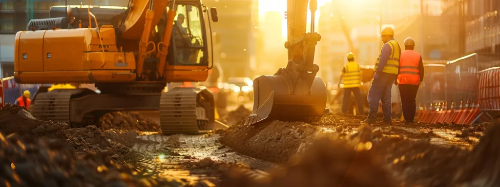 a robust construction site is illuminated by golden sunlight, featuring workers donning vibrant hard hats and reflective vests as they operate powerful heavy machinery, underscoring the crucial role of personal protective equipment in ensuring safety amidst dynamic activity.