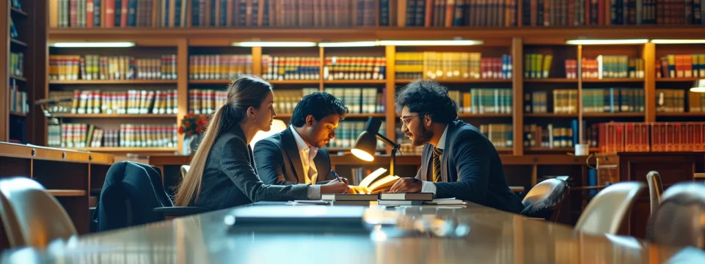 a serene library setting features a diverse group of individuals engaged in animated discussions and studying together, surrounded by stacks of legal books and glowing computer screens, symbolizing the journey of understanding car accident laws across different states.