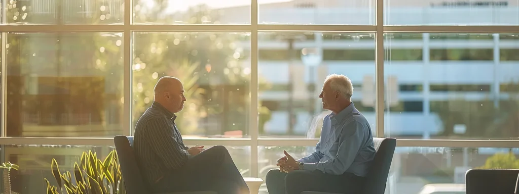 a serene meeting room filled with natural light, showcasing a confident workers' compensation attorney engaged in a supportive discussion with an injured worker, symbolizing guidance and solidarity during the claims process.