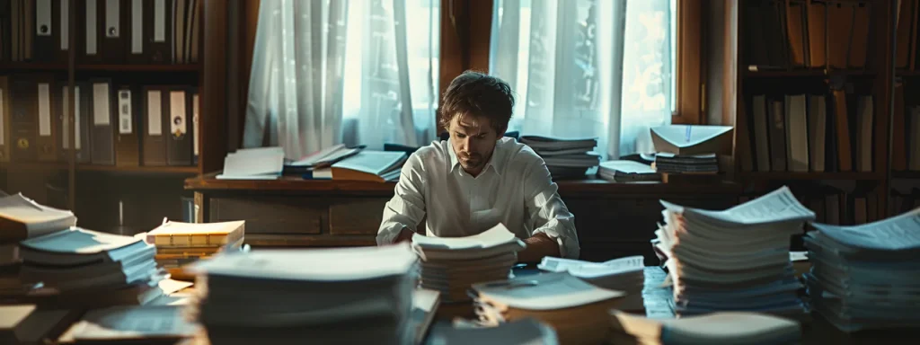 a serious and focused individual sits at a conference table surrounded by piles of legal documents and evidence, illuminated by soft, natural light filtering through a window, symbolizing the urgency and importance of gathering information after a car accident.