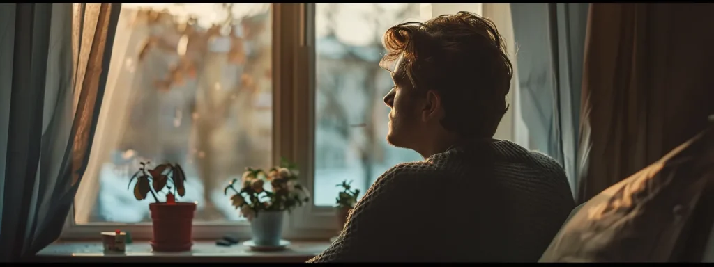 a solemn scene captures a thoughtful individual gazing out of a window, reflecting on the emotional and physical impact of a recent car accident, with soft natural light casting gentle shadows that symbolize the weight of their burdens.