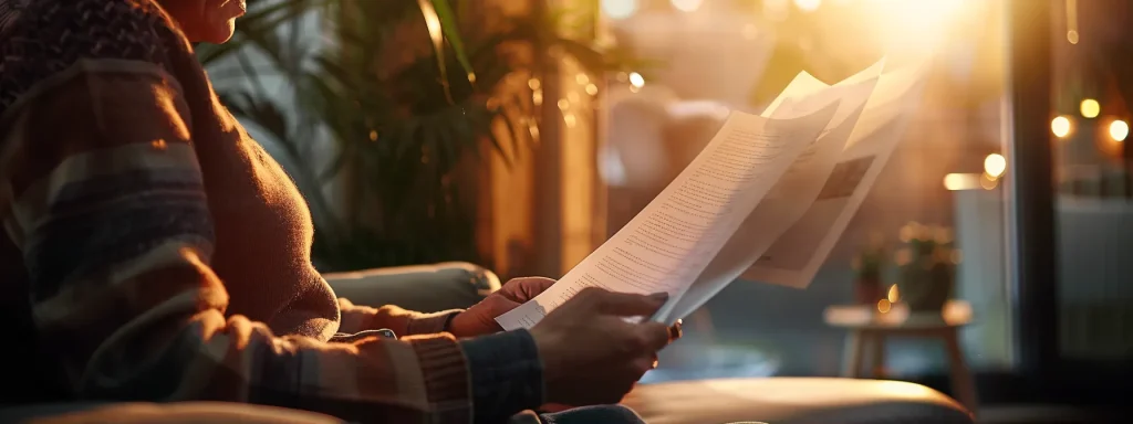 a solemn yet empowering scene captures a close-up of a person thoughtfully reviewing a settlement agreement, surrounded by warm, natural light that highlights the determination in their expression and the gravity of the decision at hand.