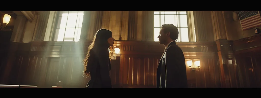 a somber courtroom scene captures a dedicated attorney guiding a resilient dui victim, illuminated by soft, focused lighting that highlights their expressions of determination and hope amidst the challenges of navigating the legal system.