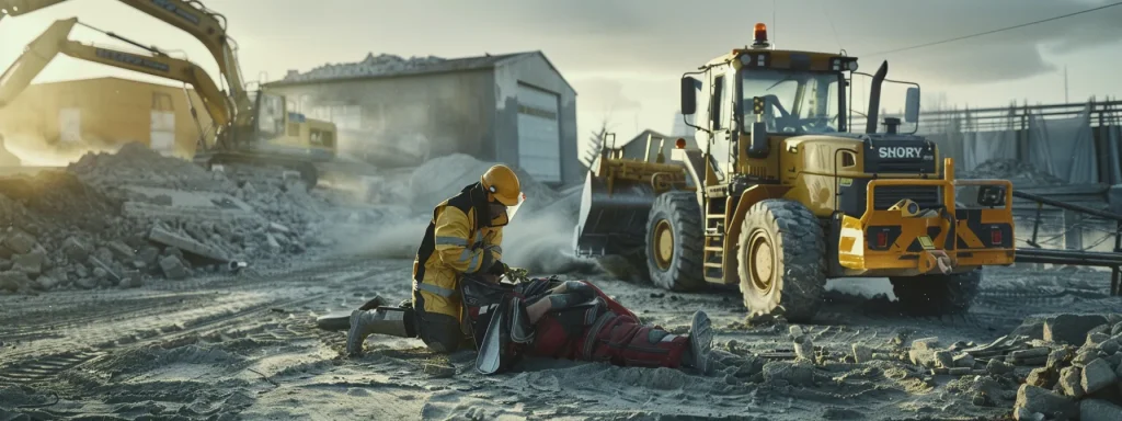 a somber industrial setting captures a bulldozer parked in the foreground, with an injured worker being assisted by a medical professional as they await emergency help, highlighting the urgency of seeking medical attention after a machinery accident.