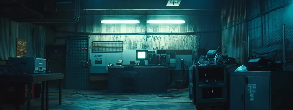 a somber, industrial workspace illuminated by harsh overhead lights, showcasing a neglected machine with warning signs and a dim atmosphere, reflecting the serious repercussions of non-compliance with safety regulations.