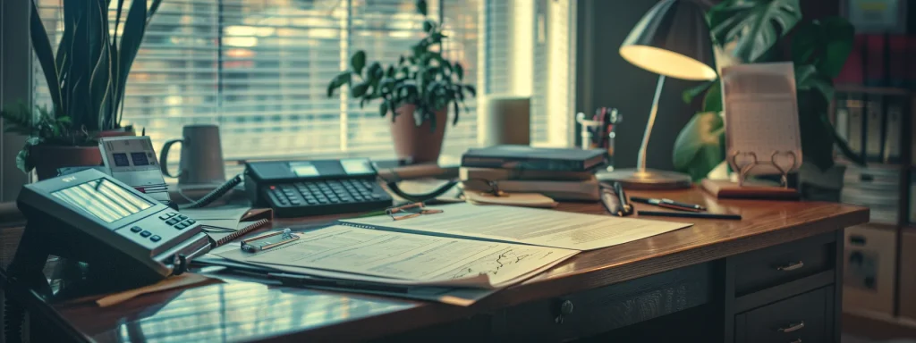 Somber office environment with a wooden desk, paperwork, a telephone, a desk lamp, and potted plants, reflecting the serious nature of workplace injuries and their financial implications.