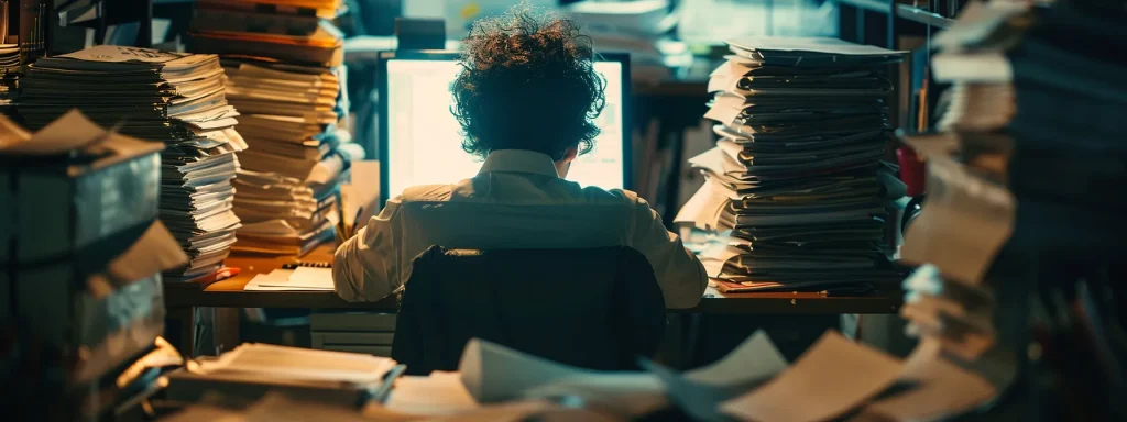 a somber office setting captures a frustrated individual surrounded by blurred stacks of paperwork and a dimly lit desk, symbolizing the challenges and delays in obtaining crucial police reports for car accident claims.