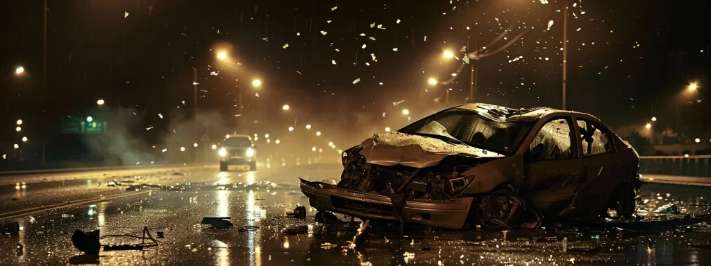 a somber scene depicts a damaged vehicle on the roadside, with dramatic lighting highlighting the shattered glass and bent metal, symbolizing the emotional and financial turmoil faced by accident victims.