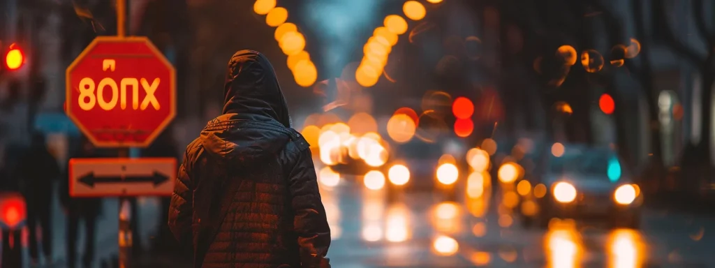 a somber street scene captures a pedestrian pausing at a stop sign, surrounded by blurred, chaotic traffic, evoking the tension and uncertainty faced in accident claims amid a fading sunset.