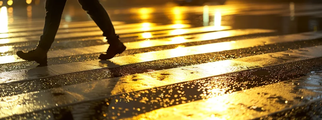 a somber urban crosswalk scene captures a lone pedestrian, illuminated by the soft glow of streetlights, as they cautiously navigate the aftermath of an accident, signifying the grave importance of road safety and legal awareness.