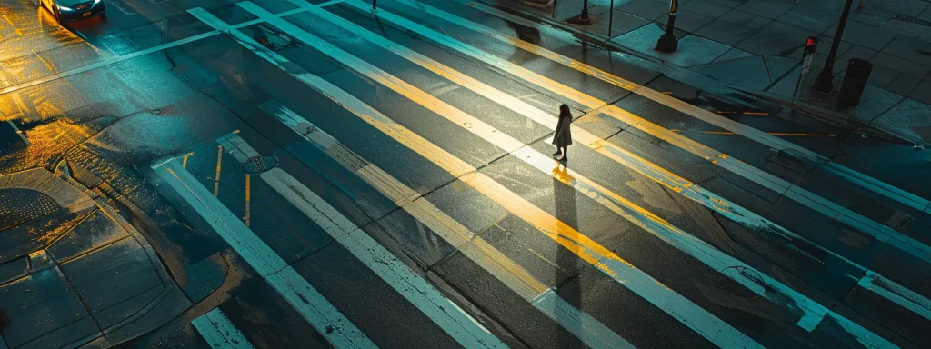 a somber yet compelling scene captures a crosswalk at dusk, where a lone pedestrian stands at the edge, illuminated by the warm glow of streetlights, symbolizing the precarious nature of safety amid urban traffic.