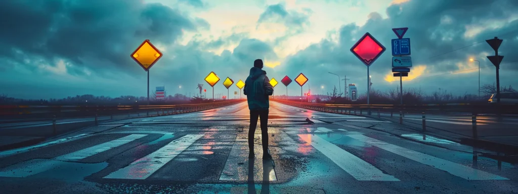 a somber, yet empowering image captures a determined individual standing at a crossroads, surrounded by faded traffic signs symbolizing the urgency and importance of understanding deadlines for filing car accident claims.