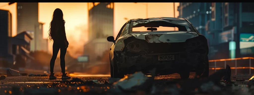 a somber yet empowering scene of a person standing confidently in front of a damaged car, with a backdrop of a blurred cityscape, symbolizing resilience and the pursuit of justice after a car accident.