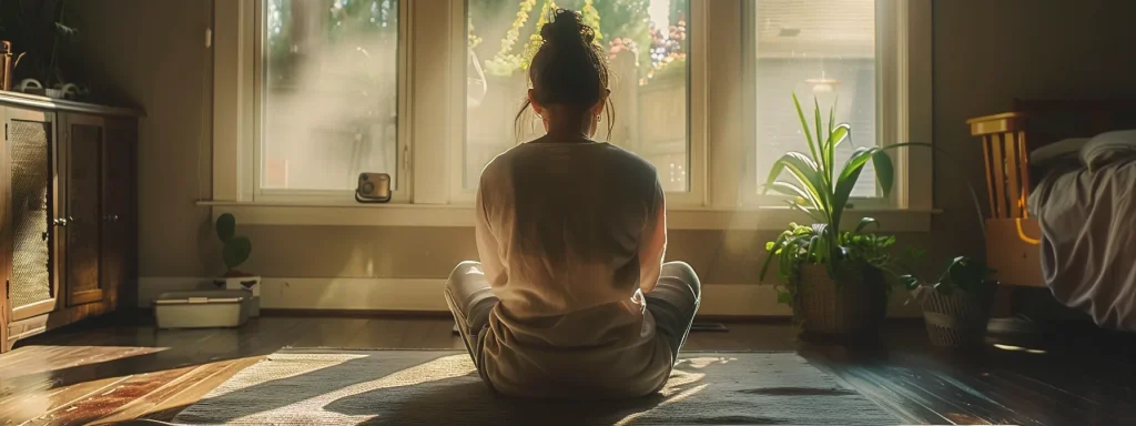 Person sitting cross-legged in a sunlit room, reflecting on ongoing care needs and emotional recovery after a workplace injury, with plants and furniture in the background.