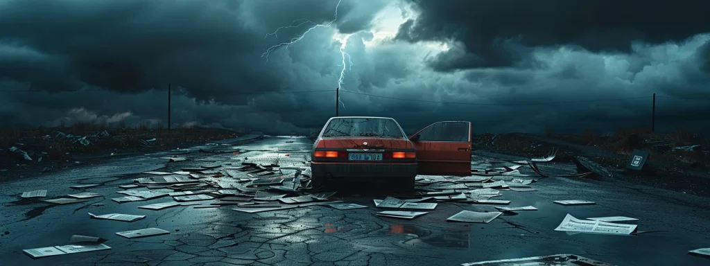 a somber yet hopeful scene captures a parked car with a broken tail light under a cloudy sky, symbolizing the complexities of filing a car accident claim, surrounded by scattered documents like police reports and medical files resting on the asphalt.