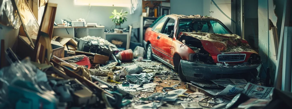 a somber yet impactful scene captures a dramatic car accident aftermath, highlighting scattered medical bills and personal belongings amidst the wreckage, symbolizing the complex layers of compensation struggles faced by victims.