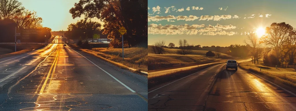 a split-image portrayal of two roadways&mdash;one in kansas featuring signs of modified comparative negligence and another in missouri illustrating pure comparative negligence&mdash;set during golden hour, capturing the contrast between the two states' legal landscapes regarding car accidents.