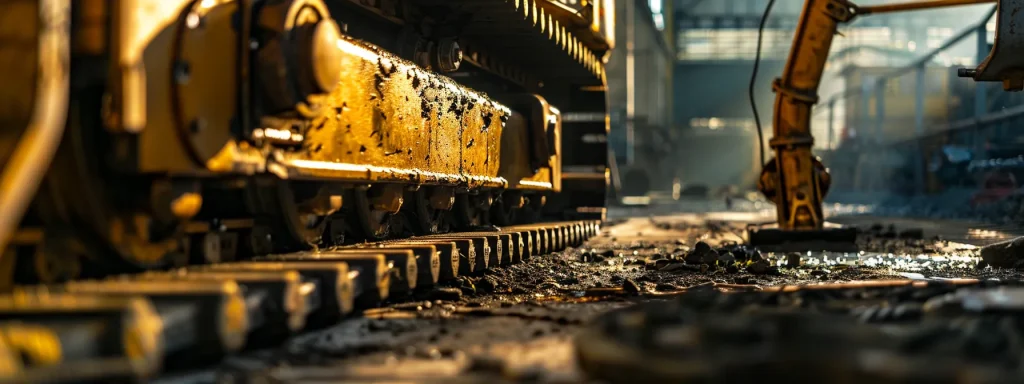 a stark close-up of heavy machinery with visible signs of wear, casting a long shadow in dim lighting, encapsulating the theme of workplace hazards and the importance of safety compliance.