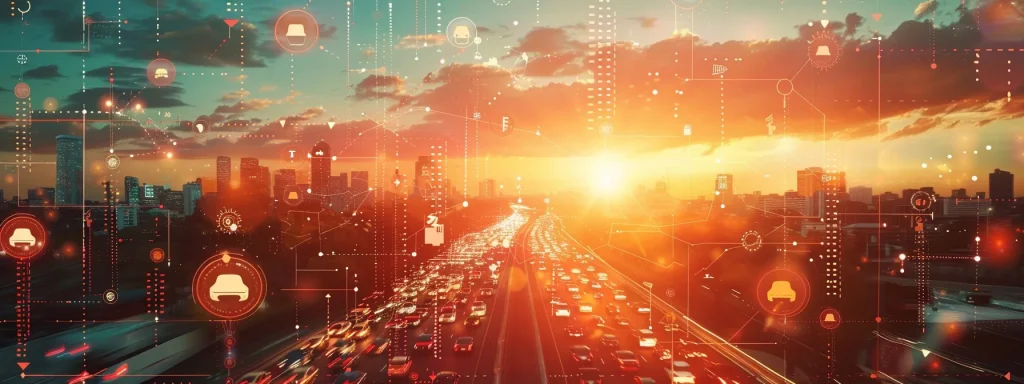 a striking visualization of diverse state maps interspersed with symbolic icons representing various car accident laws, highlighting the complexities of fault determination and insurance variations under a dramatic sunset glow.