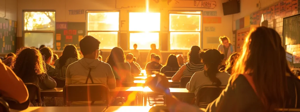 a sunlit classroom setting, filled with diverse students engaged in a vibrant traffic school lesson, emphasizing the theme of learning and personal growth in the face of traffic violations.