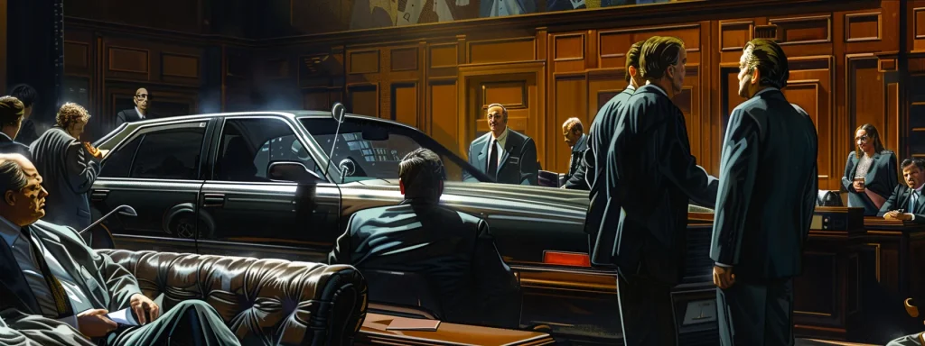 a tense courtroom scene captures the intense scrutiny of a complex car crash litigation, with a focus on a dramatic confrontation between lawyers as evidence of driver behavior and weather conditions looms large in the background.