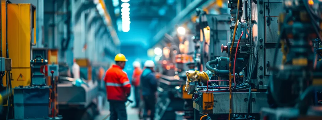 a tense industrial scene unfolds as a concerned supervisor urgently attends to a visibly injured worker near heavy machinery, with blurred workers in the background capturing the urgency of the moment under harsh fluorescent lighting.