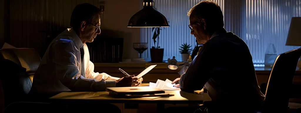 a tense negotiation scene captures the moment an insurance adjuster subtly scrutinizes a victim's medical documents, illuminated by stark overhead lighting, emphasizing the high stakes and emotional weight of the claims process.