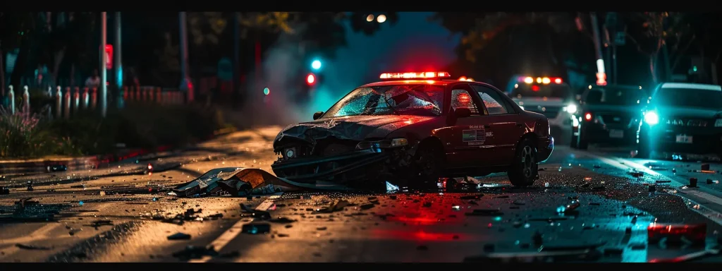 a tense scene capturing a somber, wrecked car surrounded by flashing emergency lights, emphasizing the urgency of reporting a vehicle recall after an accident.